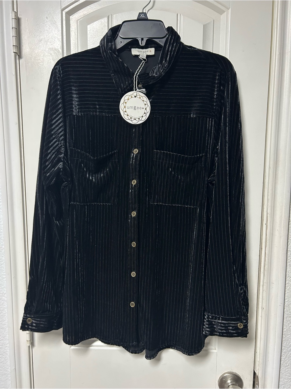 Umgee Black Velvet Pinstripe Button-Up Shirt women’s